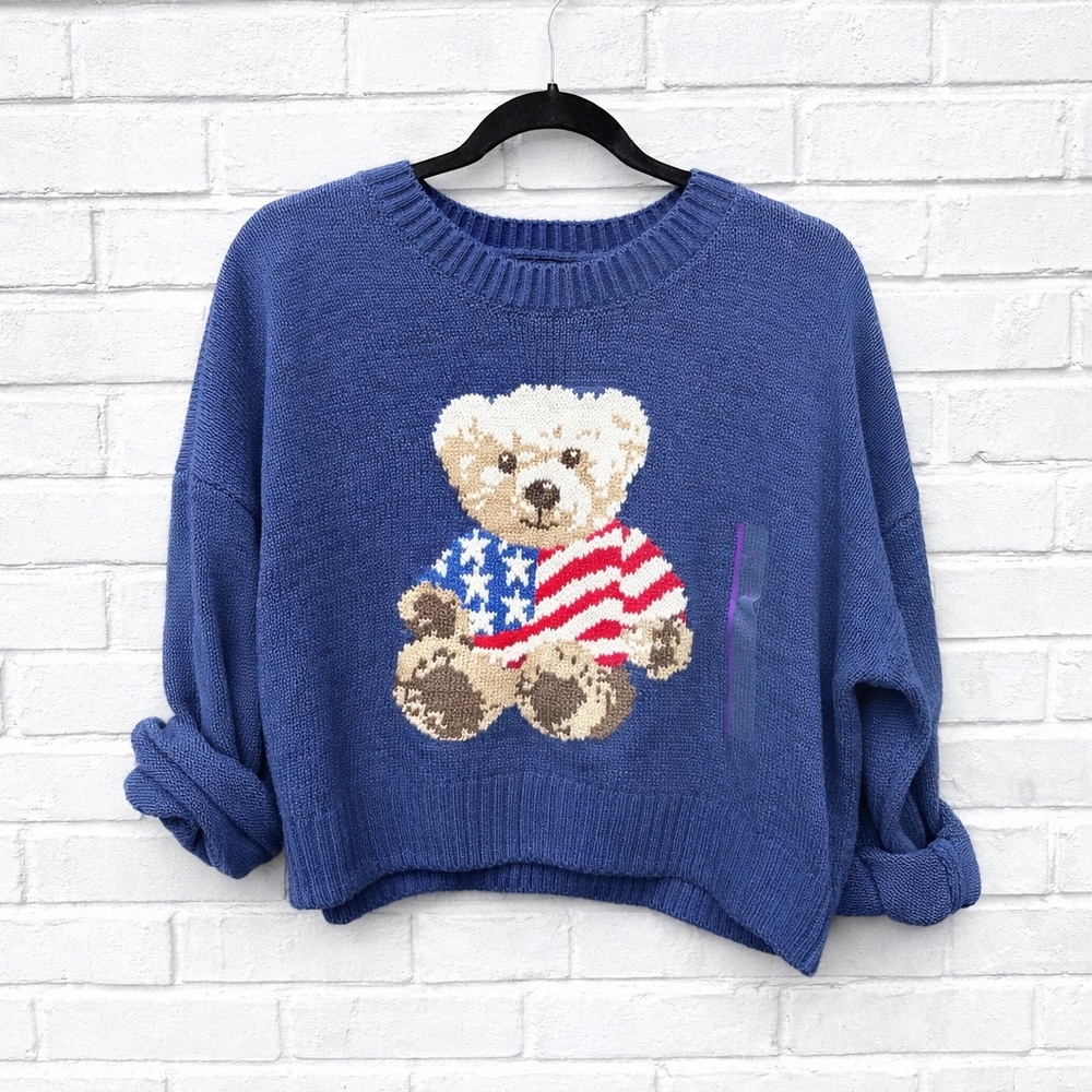 Grayson Threads Women's Teddy Bear
Flag Graphic Sweater Navy New Polo Like - Picture 2 of 5